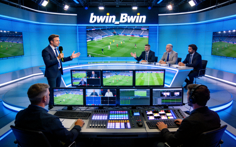 bwin_Bwin 品牌形象图 - 现代体育直播工作室与团队协作场景